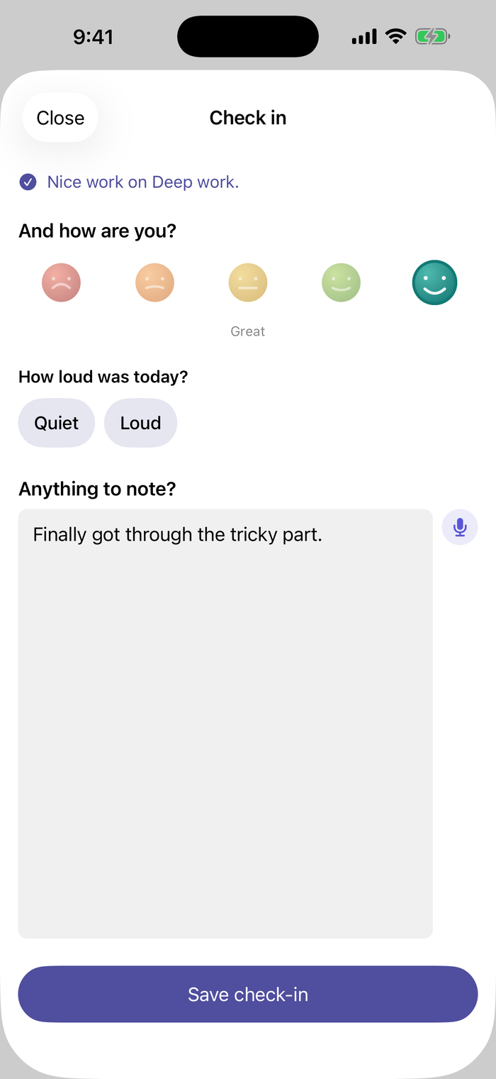 AideyHD's Check-in: a row of five colored mood faces with 'Great' selected, the day's one small question, and a note field below.