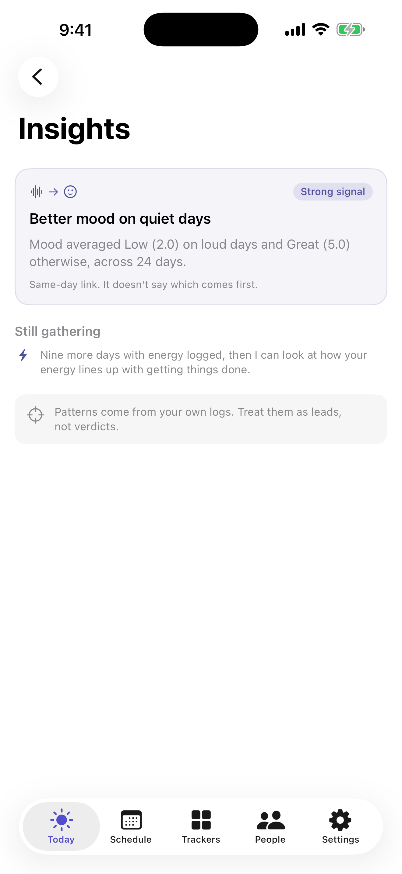 AideyHD's Insights screen: one finding card reading "Better mood on quiet days", with the group averages, the number of days behind it, a "Strong signal" label, and a line saying a same-day link doesn't say which comes first.