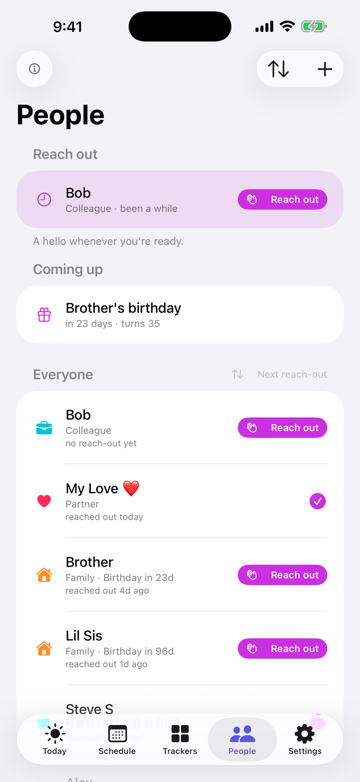 AideyHD's People screen: the people you keep track of, each with a relationship icon, a birthday and last-reached-out line, and a Reach out button.