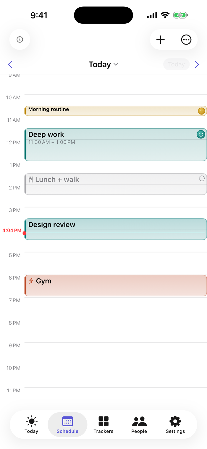 AideyHD's Schedule: a to-scale calendar of the day, each block drawn at its true length and colored by type, a small face on the ones already done, and a red line marking now.